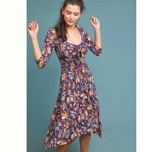Anthropologie Maeve Beloved Purple Floral Jersey Front Tie Dress Women's Size L